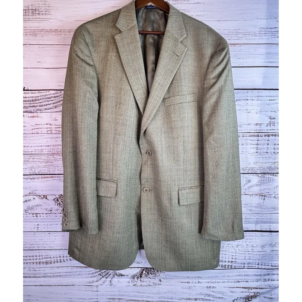 Tommy Hilfiger Blazer 42L Silk/Wool Herringbone Glen Plaid Greenish Beige Jacket